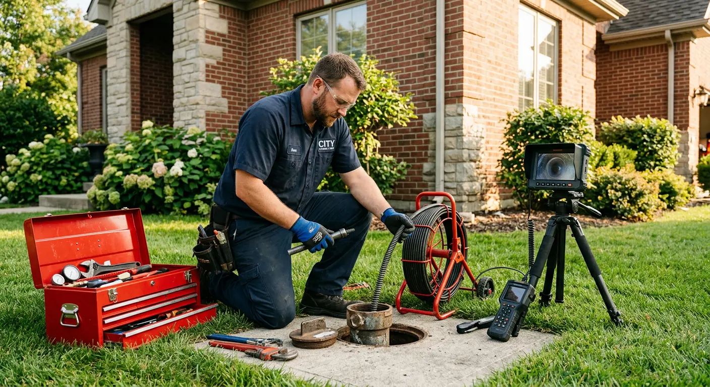 Sewer specialist with camera equipment servicing a cleanout in New Baltimore