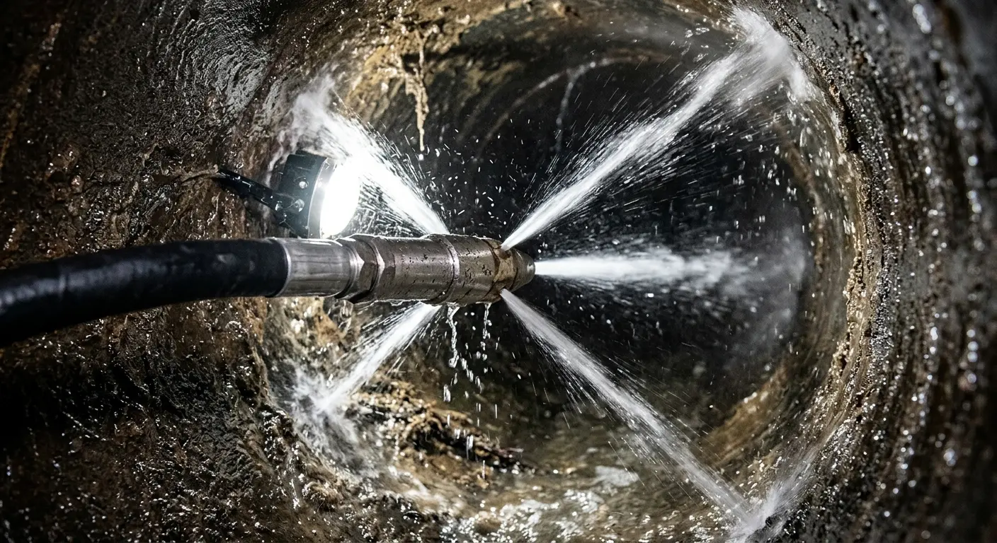 High-pressure hydro jetting nozzle cleaning sewer pipe for Storm Drain Cleaning in New Baltimore
