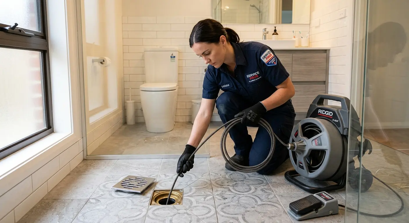 Technician clearing a bathroom floor drain for Sewer Line Installation in New Baltimore